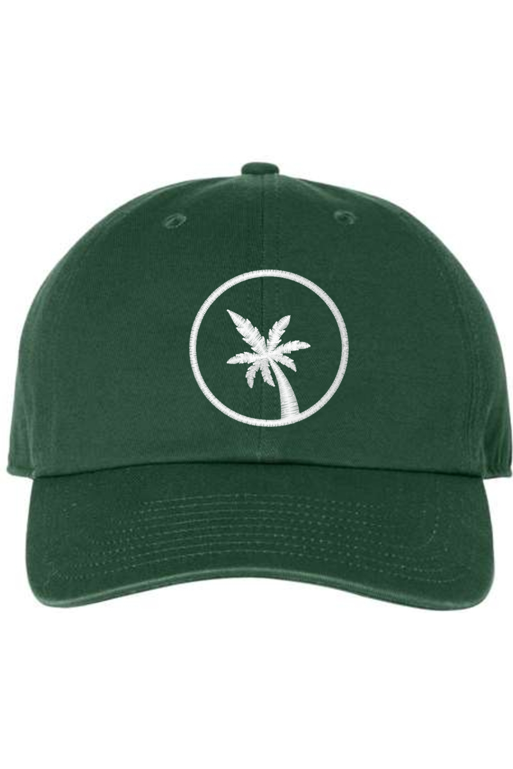 A green baseball cap with a curved brim. The front of the hat features an embroidered seven frond Palm Tree in white thread. The cap has a visible button on the top and an adjustable strap in the back (not visible).