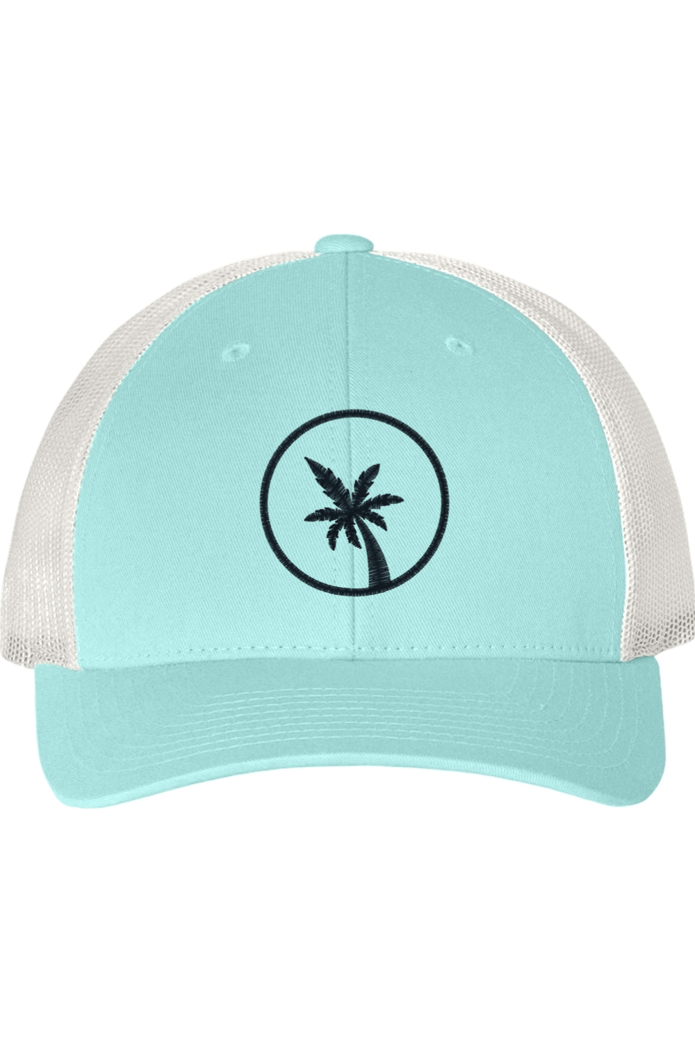 Light blue cap with a palm tree design on a white background