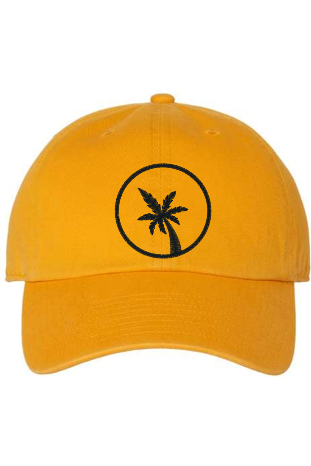 A gold baseball cap with a curved brim. The front of the hat features an embroidered seven frond Palm Tree in black thread. The cap has a visible button on the top and an adjustable strap in the back (not visible).