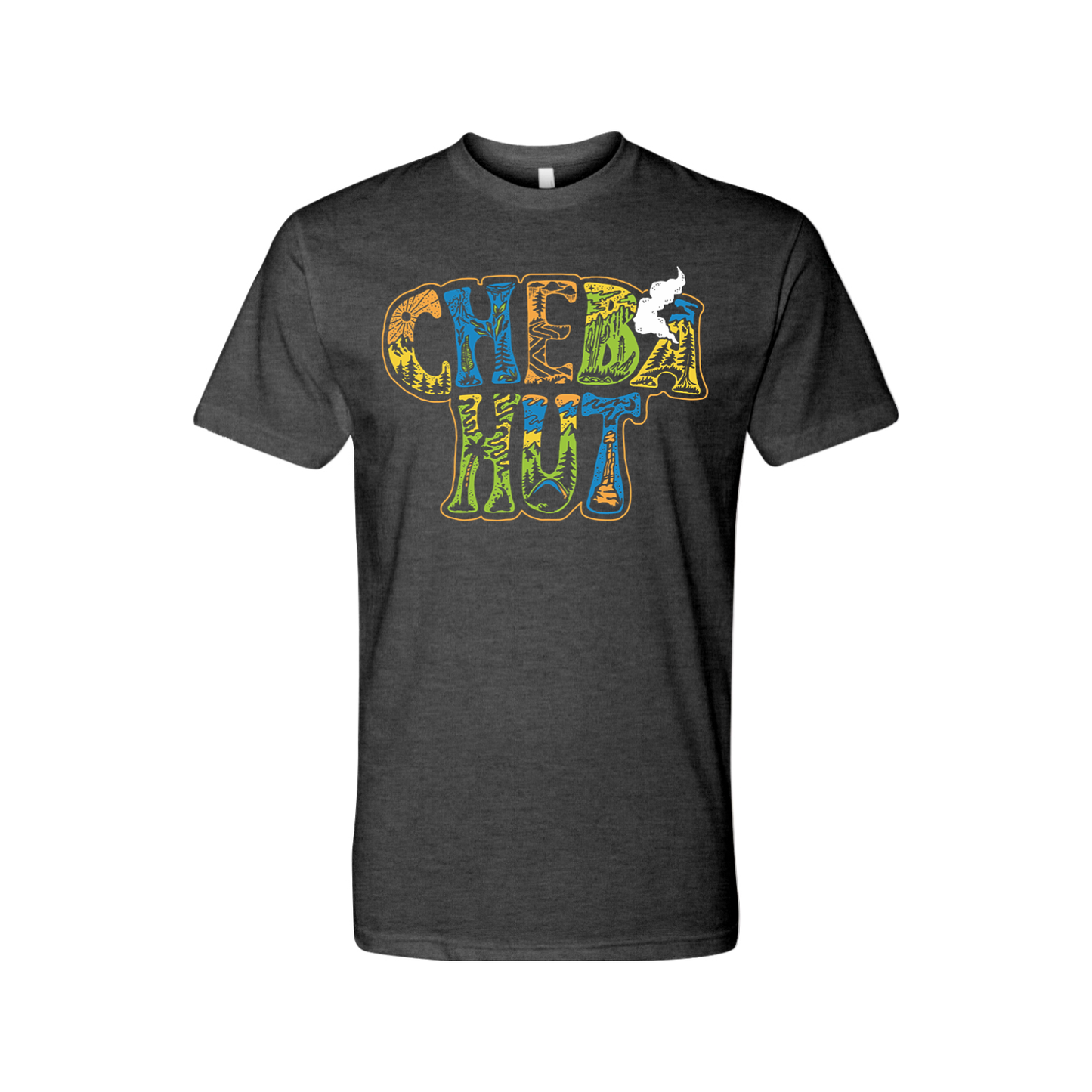 A charcoal crew-neck t-shirt is displayed on a white background. The shirt has a large graphic on the chest that reads 'CHEBA HUT' stacked in two lines. The letters have a textured, almost organic fill with various patterns and colors including yellow, orange, green, and blue. A small, stylized white graphic of smoke rises from the right side of the 'T' in 'HUT'.