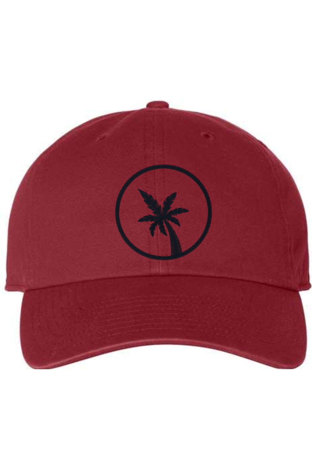 A cardinal red baseball cap with a curved brim. The front of the hat features an embroidered seven frond Palm Tree in black thread. The cap has a visible button on the top and an adjustable strap in the back (not visible).