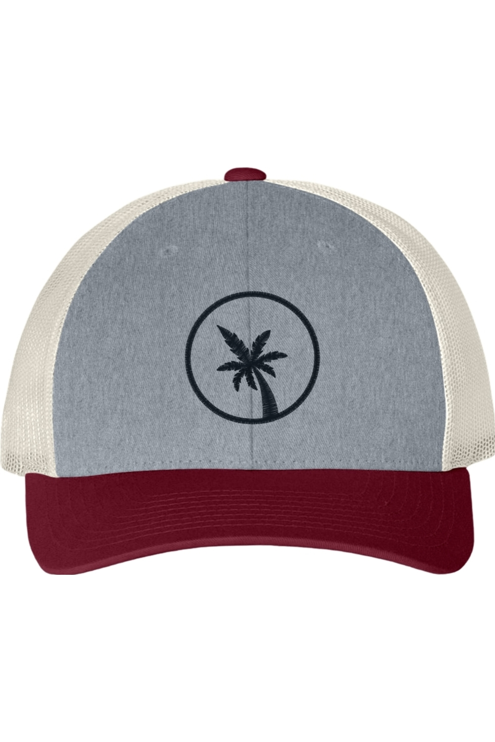 Gray and red cap with a palm tree design on a white background