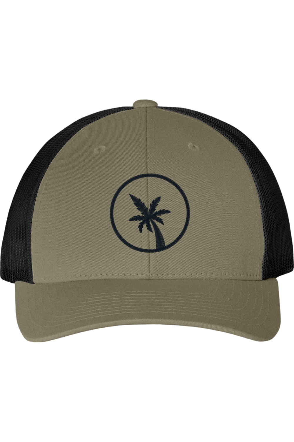 Kaki and black cap with palm tree design on a white background