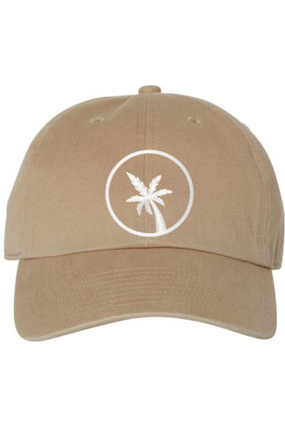 A khaki brown baseball cap with a curved brim. The front of the hat features an embroidered seven frond Palm Tree in white thread. The cap has a visible button on the top and an adjustable strap in the back (not visible).