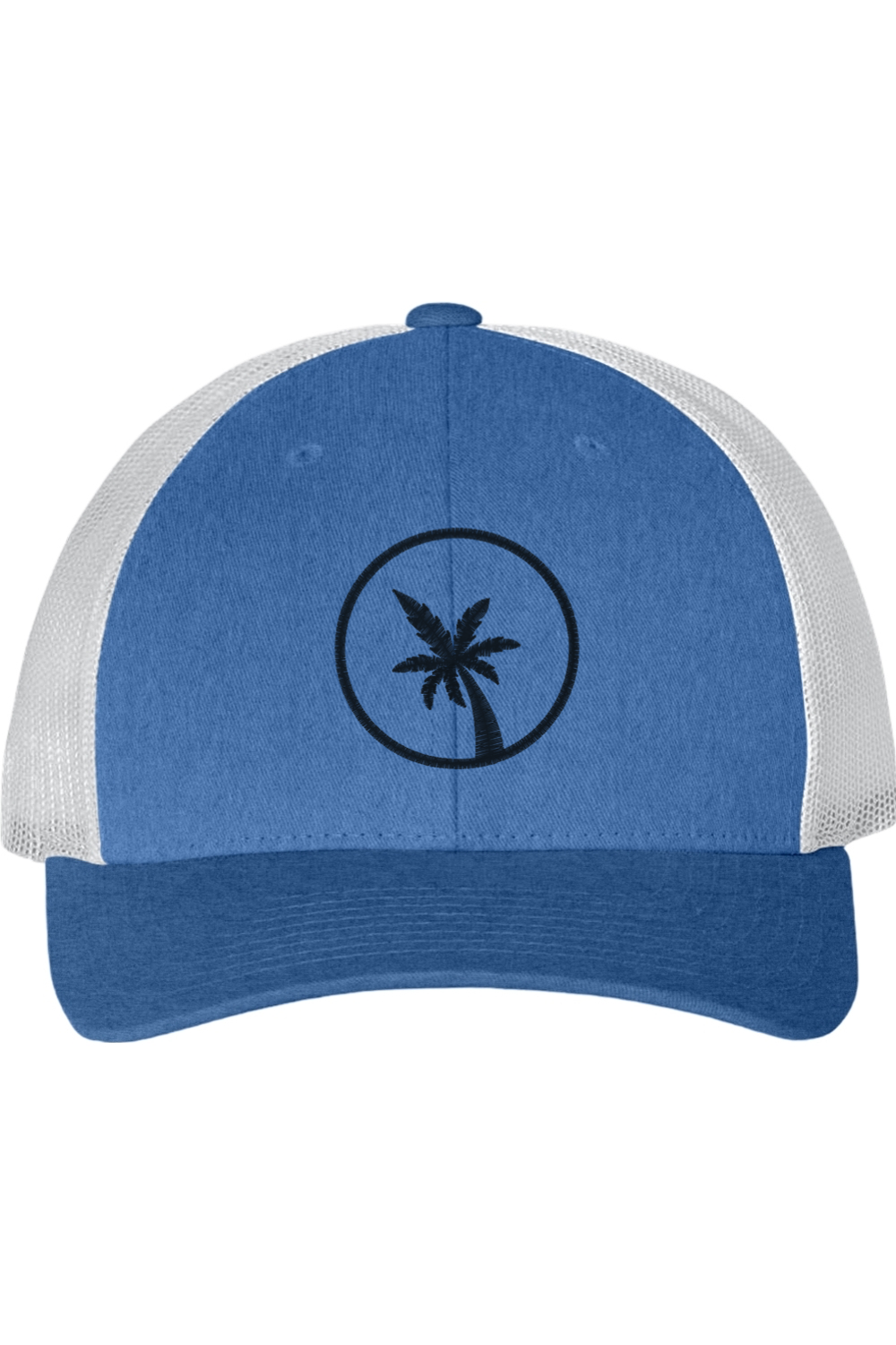 Blue and white cap with a palm tree design on a white background