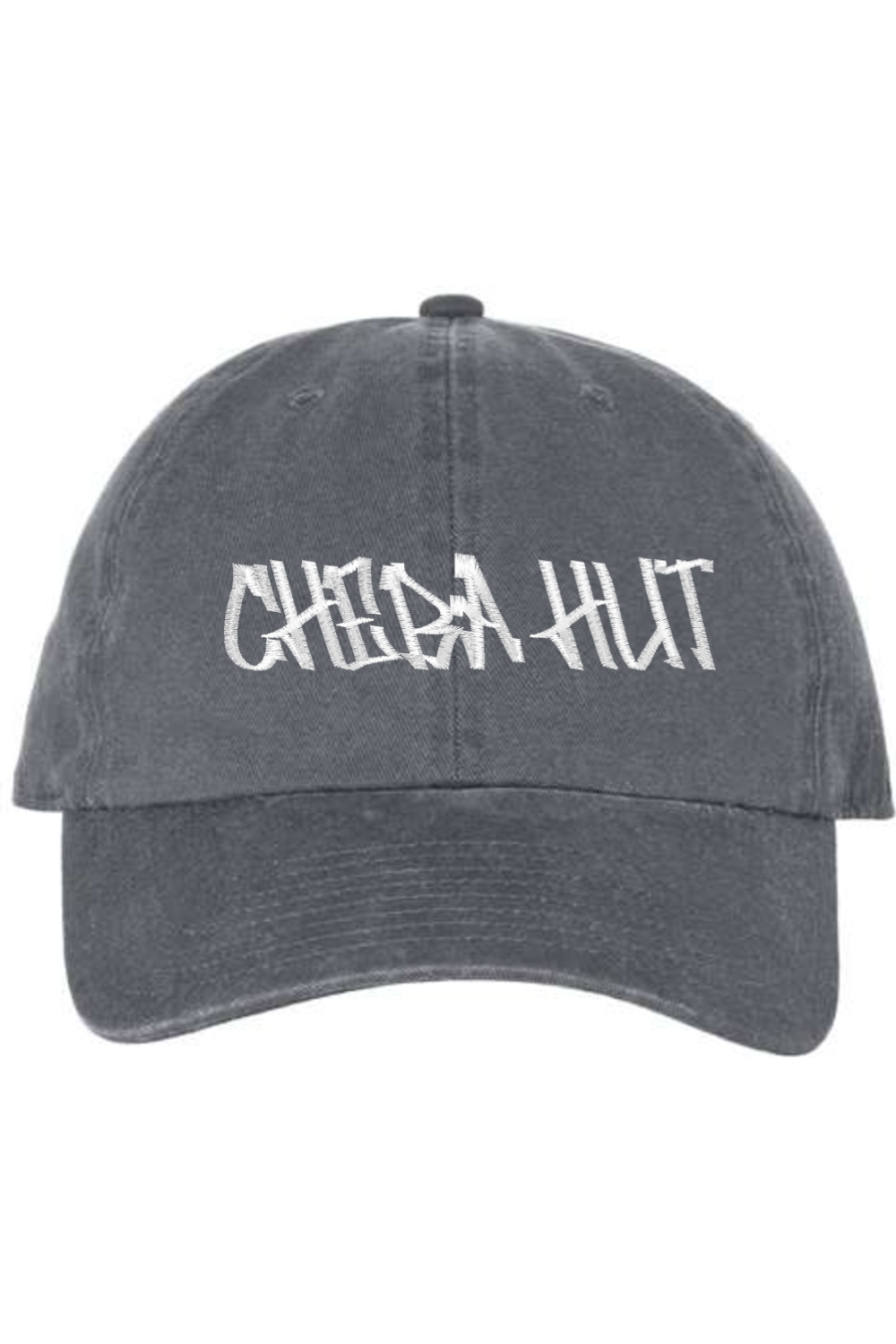A charcoal baseball cap with a curved brim. The front of the cap features the white stylized text 'CHEBA HUT' embroidered across the center. The cap has a visible button on the top and an adjustable strap in the back (not visible).