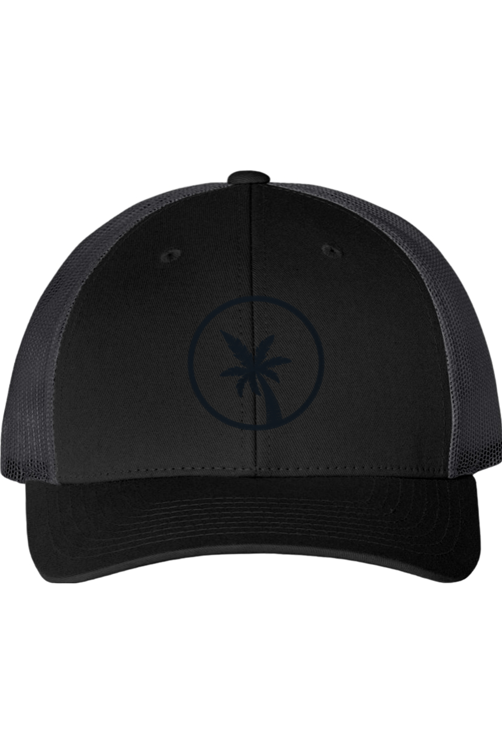 Black cap with a palm tree design on a white background