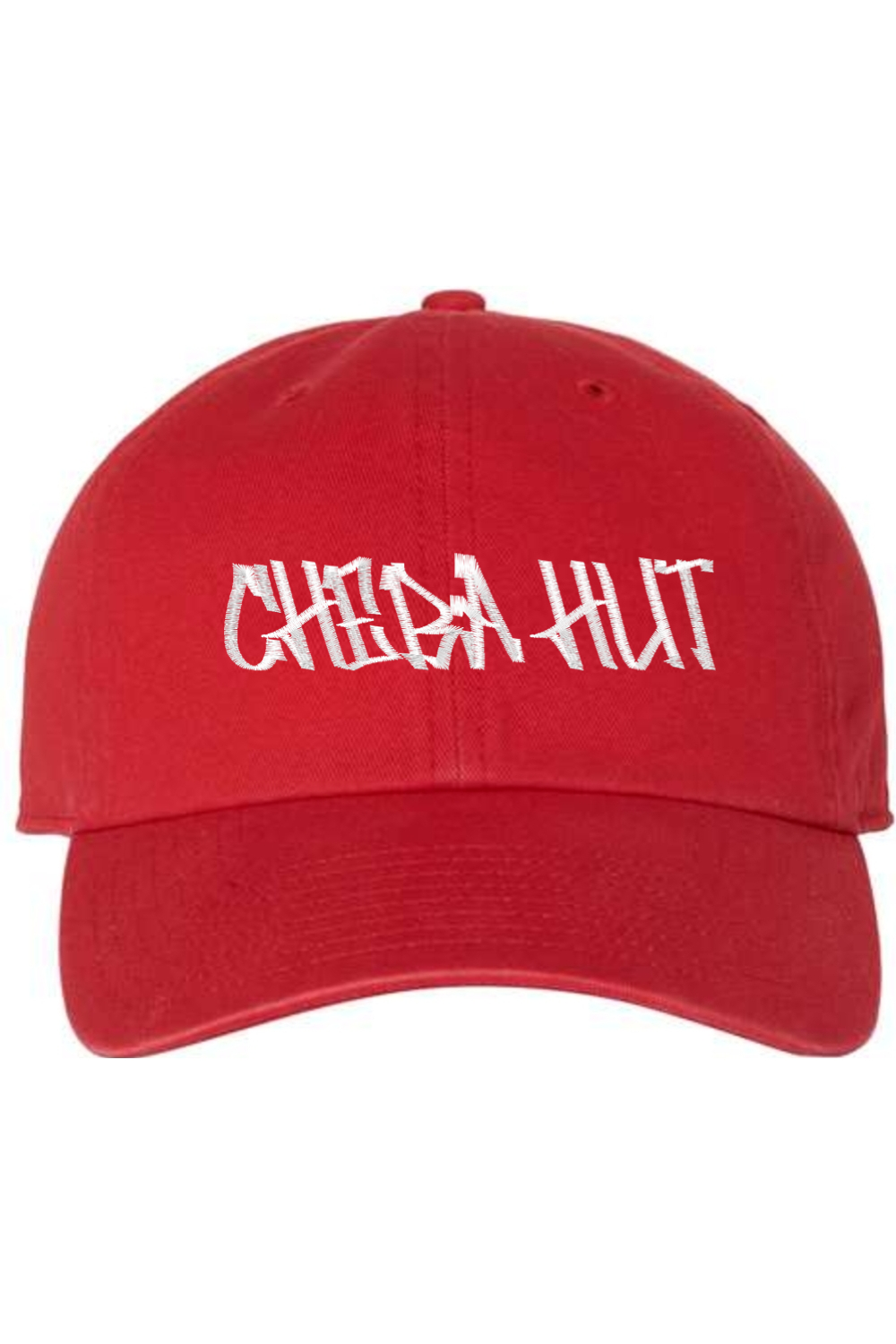 A red baseball cap with a curved brim. The front of the cap features the white stylized text 'CHEBA HUT' embroidered across the center. The cap has a visible button on the top and an adjustable strap in the back (not visible).