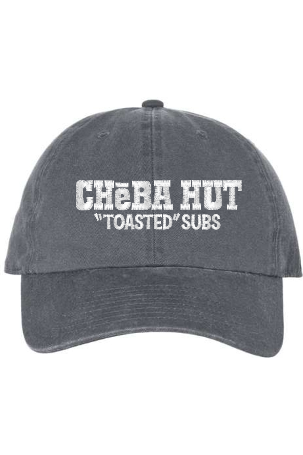 A charcoal baseball cap with a curved brim. The front of the cap features the white stylized text 'CHEBA HUT "TOASTED" SUBS' embroidered across the center. The cap has a visible button on the top and an adjustable strap in the back (not visible).