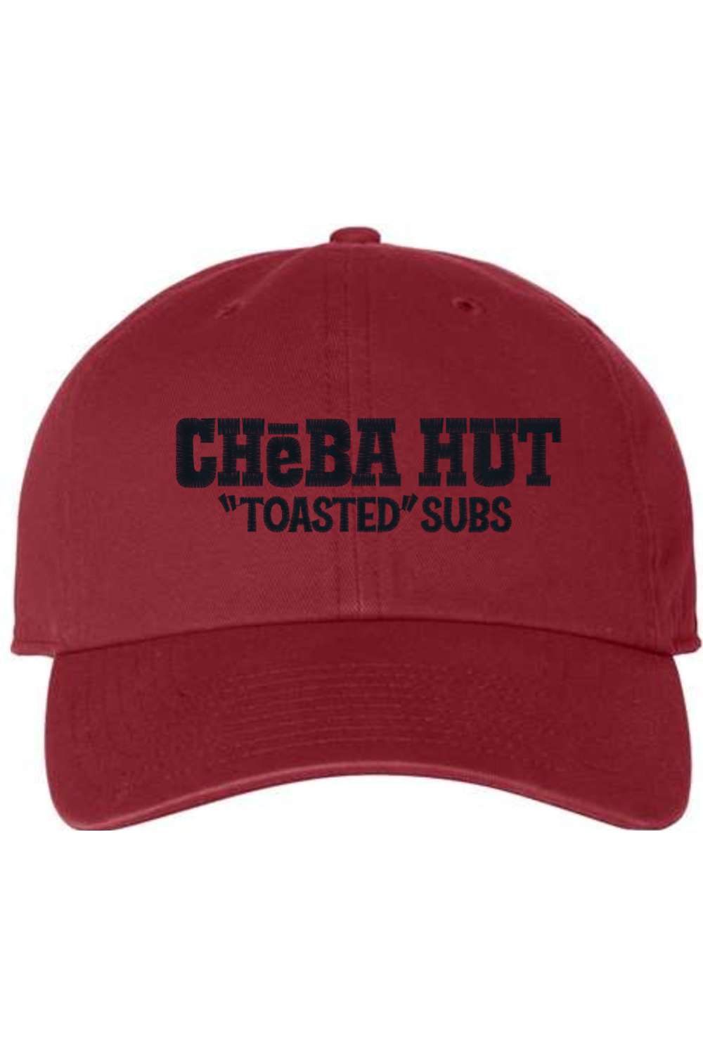 A cardinal red baseball cap with a curved brim. The front of the cap features the black stylized text 'CHEBA HUT "TOASTED" SUBS' embroidered across the center. The cap has a visible button on the top and an adjustable strap in the back (not visible).