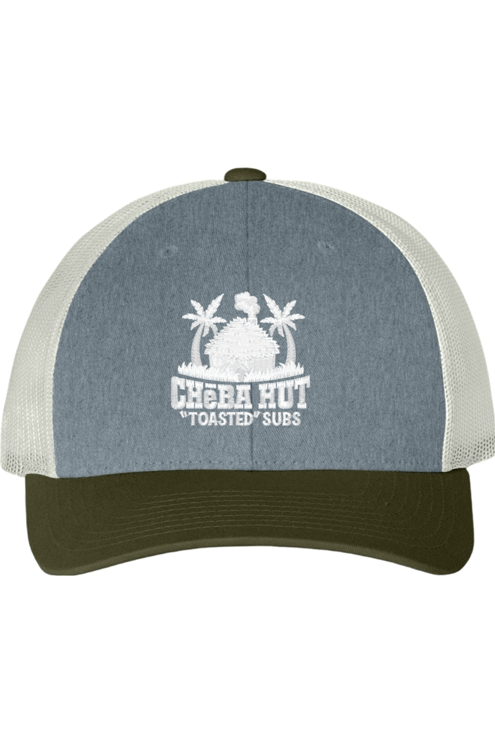 Grey and white trucker hat with 'Cheba Hut Toasted Subs' logo on a white background. The bill of the hat is olive green,