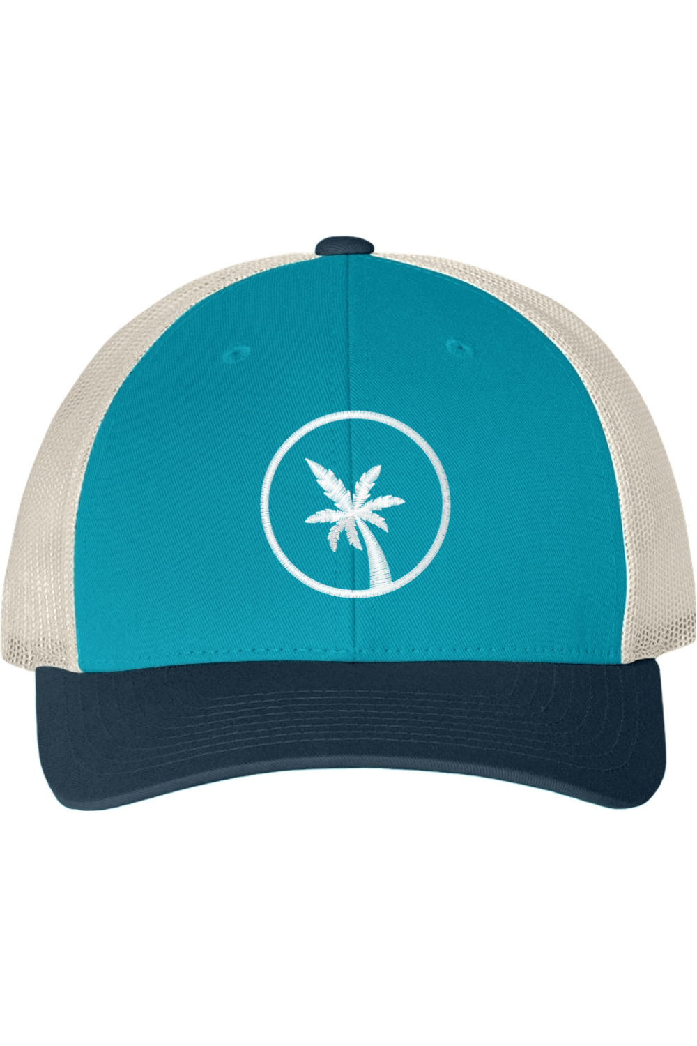 Blue and beige cap with a palm tree design on a white background