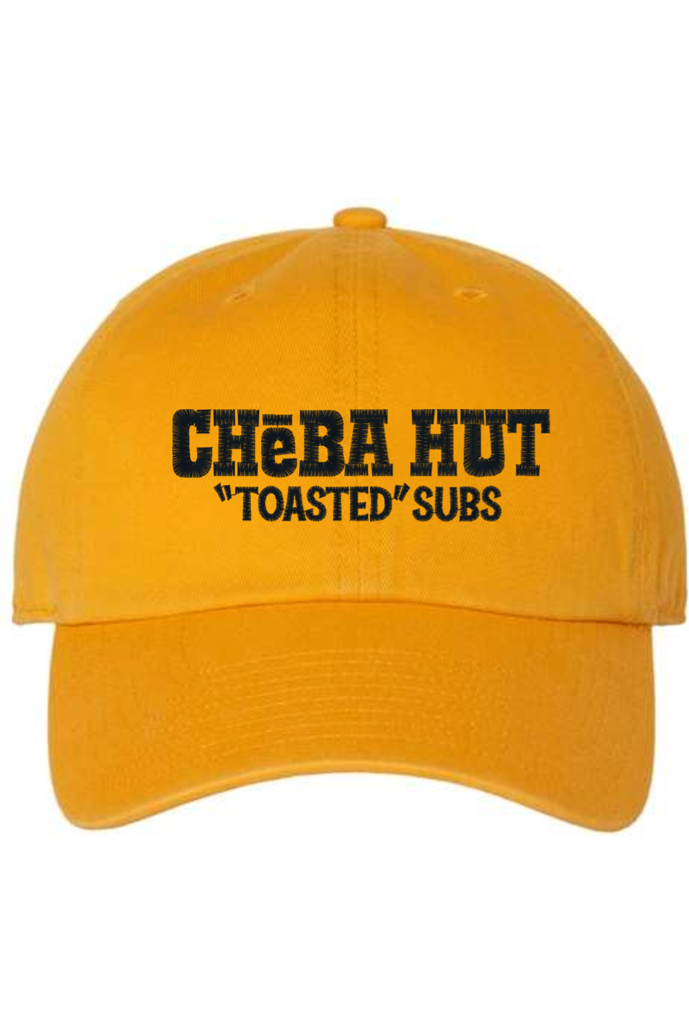 A gold baseball cap with a curved brim. The front of the cap features the black stylized text 'CHEBA HUT "TOASTED" SUBS' embroidered across the center. The cap has a visible button on the top and an adjustable strap in the back (not visible).