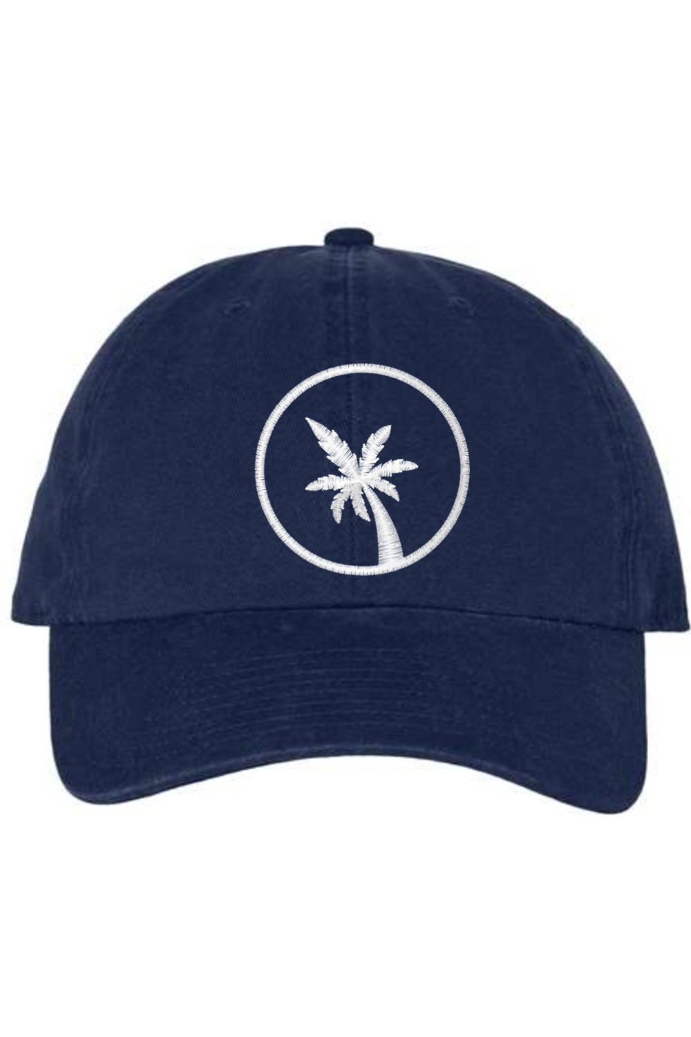 A navy baseball cap with a curved brim. The front of the hat features an embroidered seven frond Palm Tree in white thread. The cap has a visible button on the top and an adjustable strap in the back (not visible).