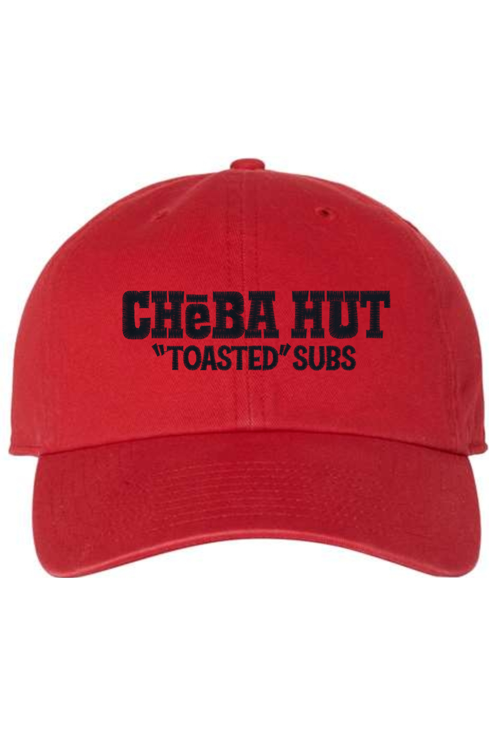 A red baseball cap with a curved brim. The front of the cap features the black stylized text 'CHEBA HUT "TOASTED" SUBS' embroidered across the center. The cap has a visible button on the top and an adjustable strap in the back (not visible).