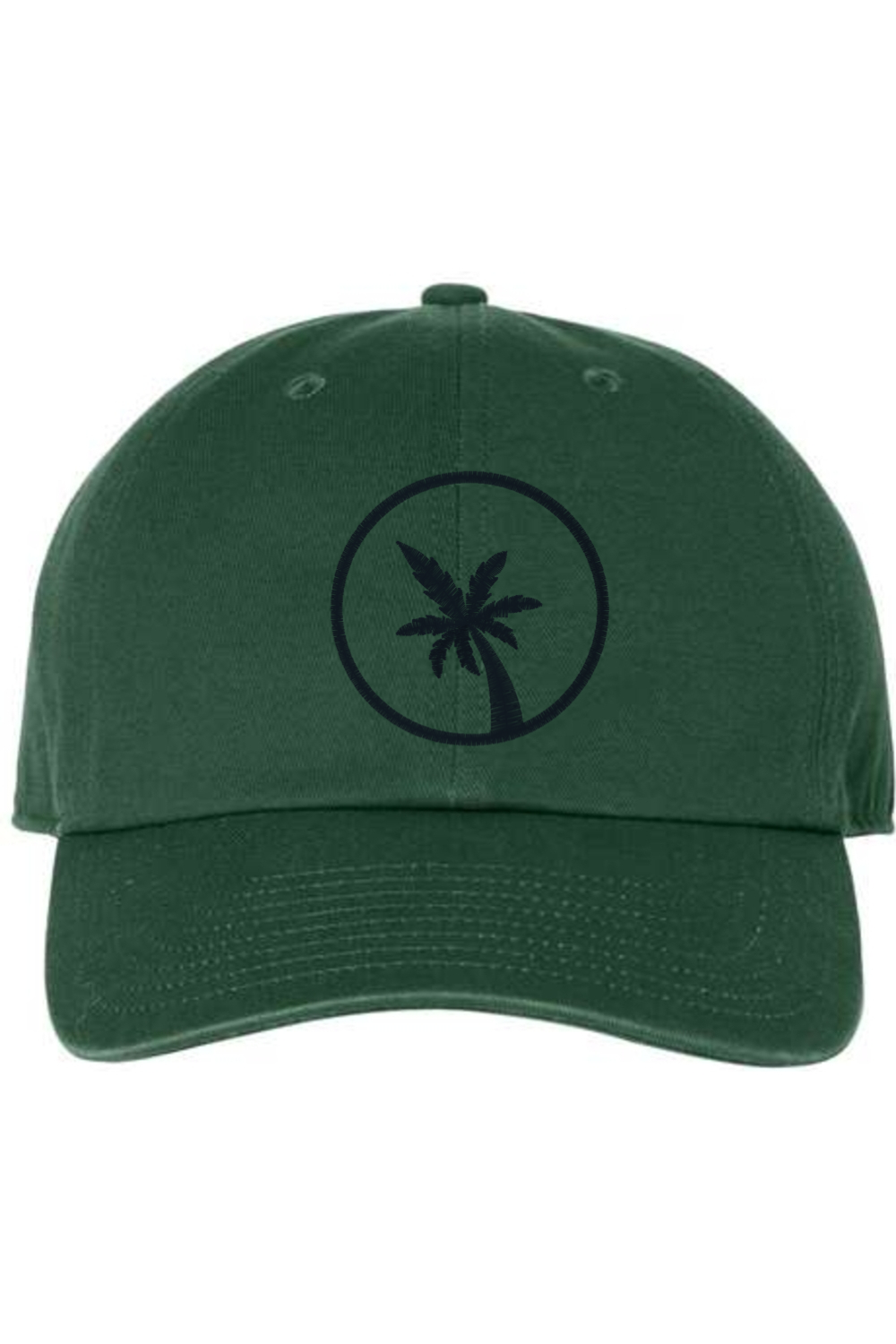 A green baseball cap with a curved brim. The front of the hat features an embroidered seven frond Palm Tree in black thread. The cap has a visible button on the top and an adjustable strap in the back (not visible).