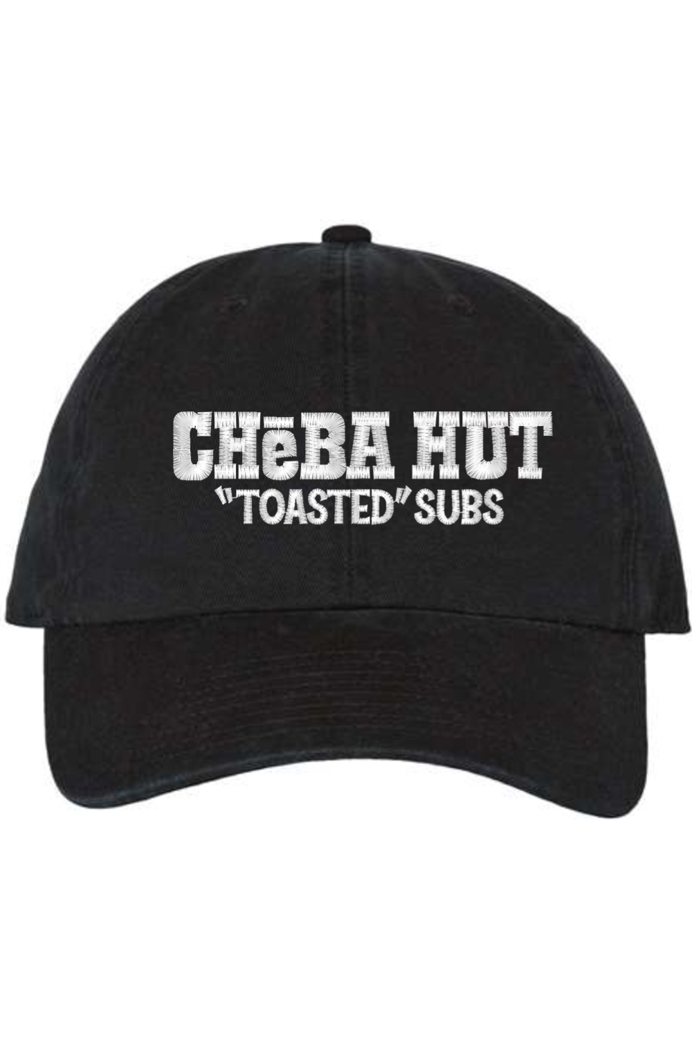 A black baseball cap with a curved brim. The front of the cap features the white stylized text 'CHEBA HUT "TOASTED" SUBS' embroidered across the center. The cap has a visible button on the top and an adjustable strap in the back (not visible).