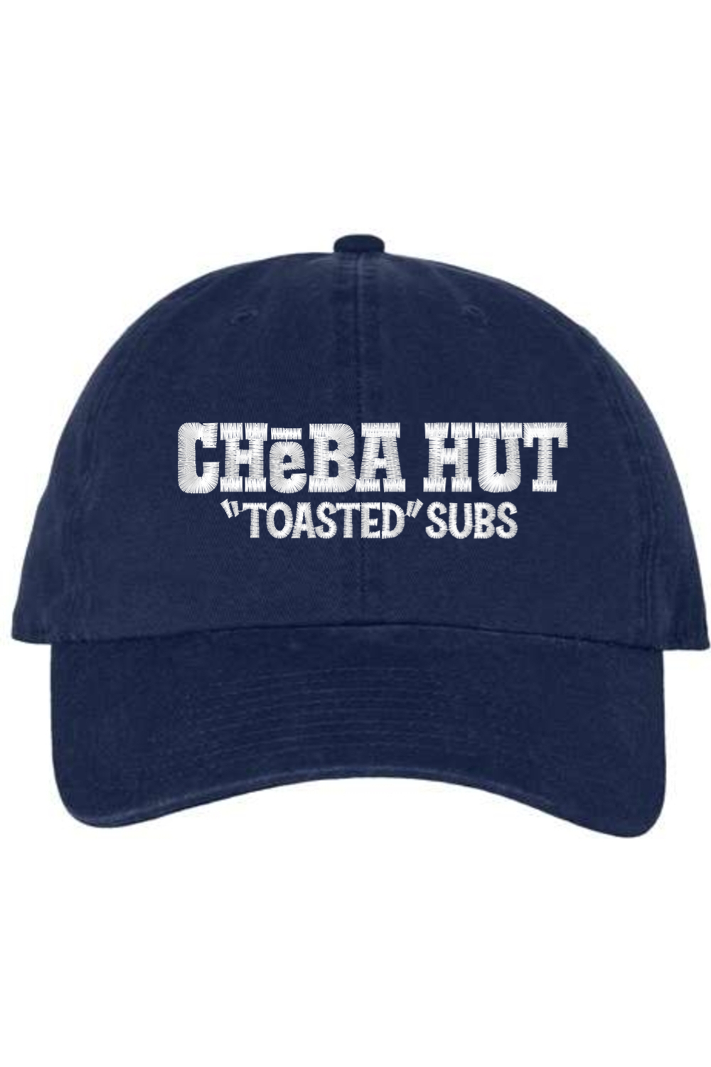A navy baseball cap with a curved brim. The front of the cap features the white stylized text 'CHEBA HUT "TOASTED" SUBS' embroidered across the center. The cap has a visible button on the top and an adjustable strap in the back (not visible).