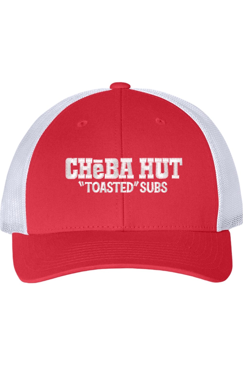 Red and white cap with 'Cheba Hut Toasted Subs' text on a white background