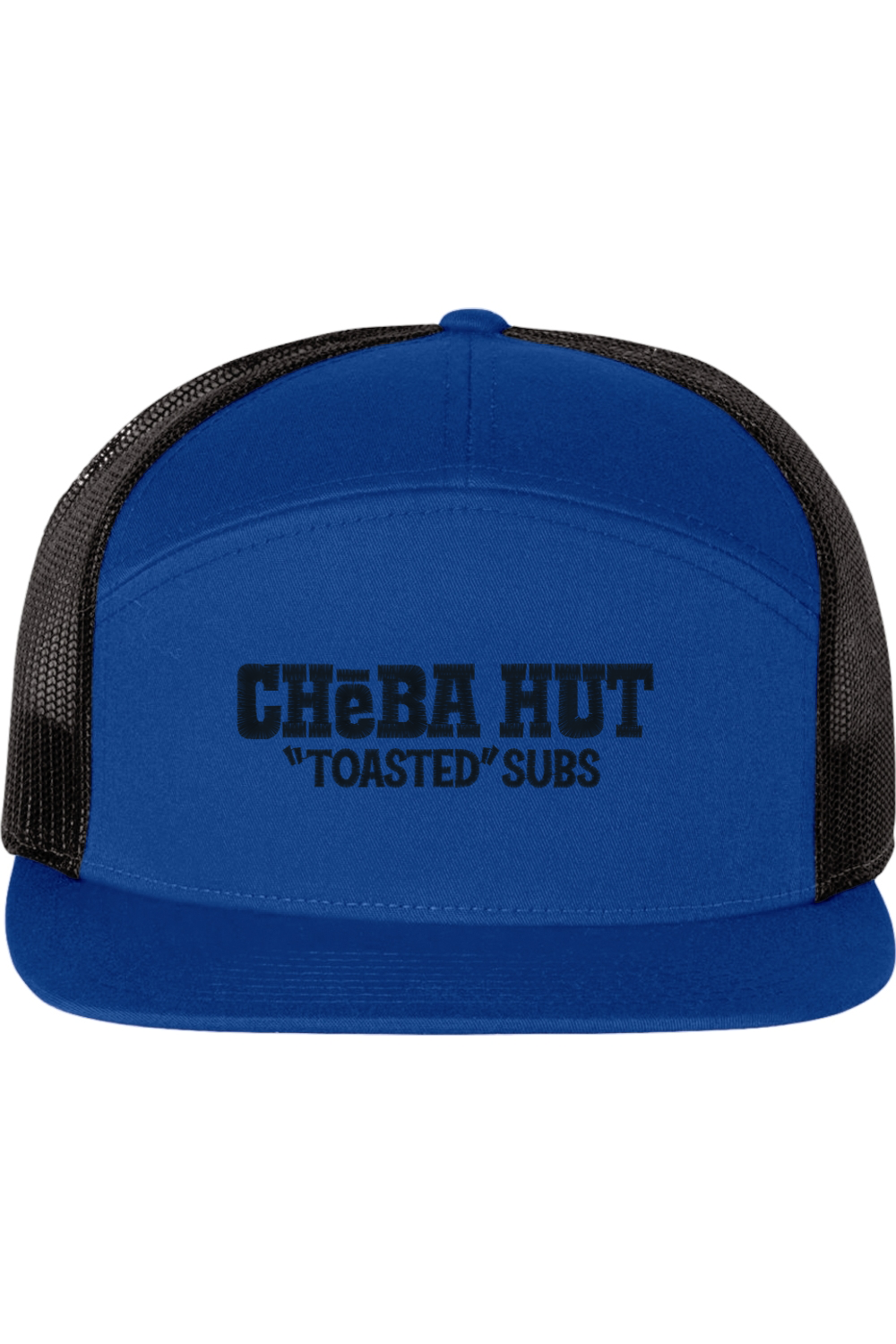 A seven-panel trucker hat with a solid blue panel and brim. The back two panels are black mesh. The front of the hat features the black stylized text 'CHEBA HUT "TOASTED" SUBS'. The hat has a slightly curved brim and a visible button on the top.