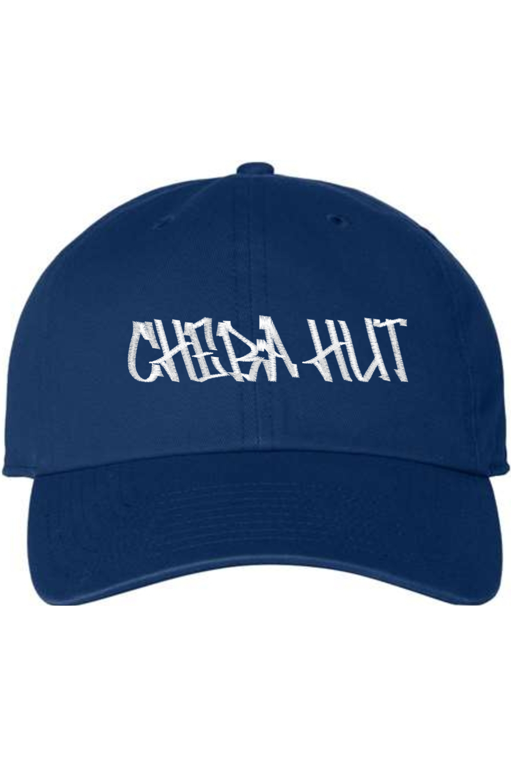 A royal blue baseball cap with a curved brim. The front of the cap features the white stylized text 'CHEBA HUT' embroidered across the center. The cap has a visible button on the top and an adjustable strap in the back (not visible).