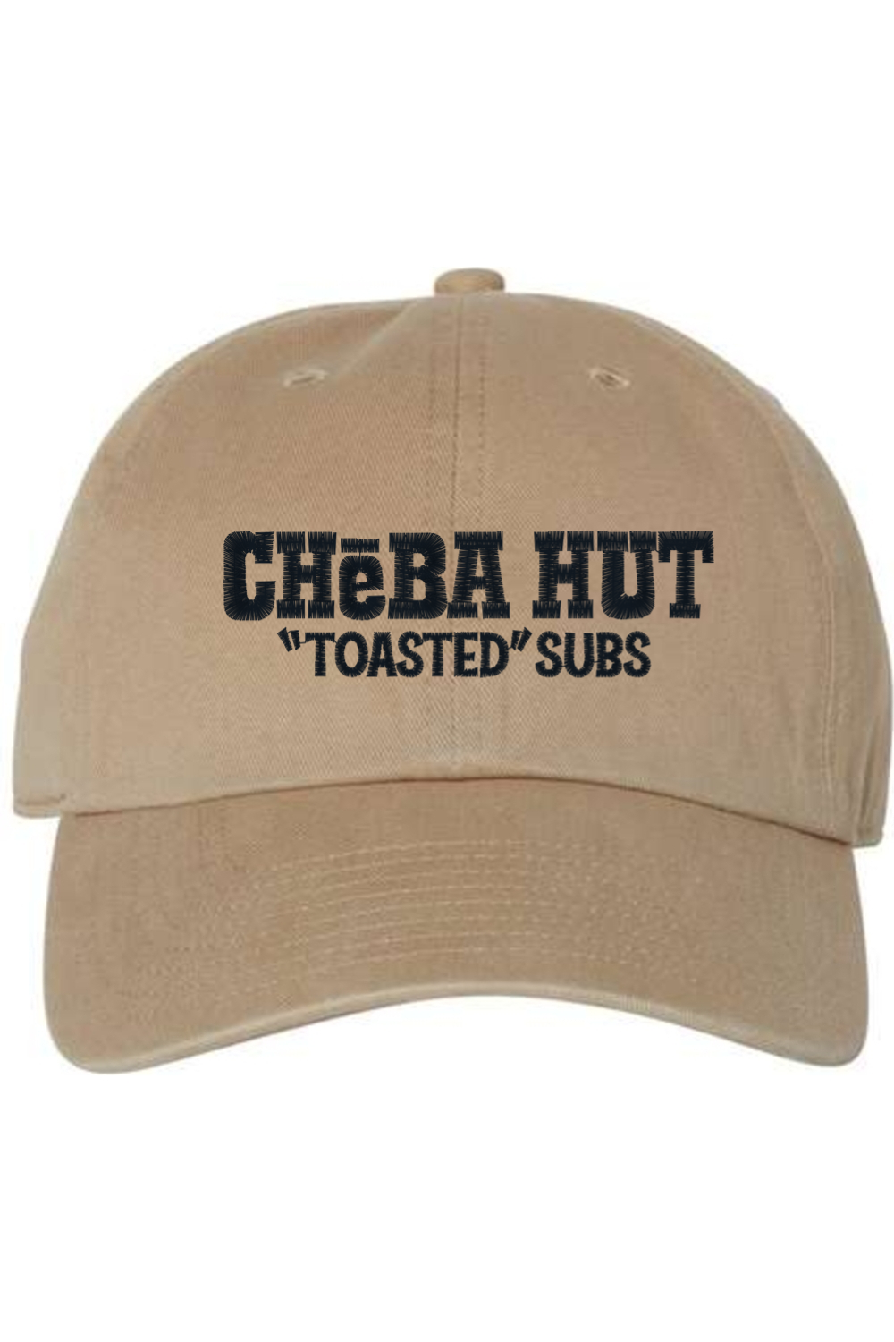 A khaki brown baseball cap with a curved brim. The front of the cap features the black stylized text 'CHEBA HUT "TOASTED" SUBS' embroidered across the center. The cap has a visible button on the top and an adjustable strap in the back (not visible).