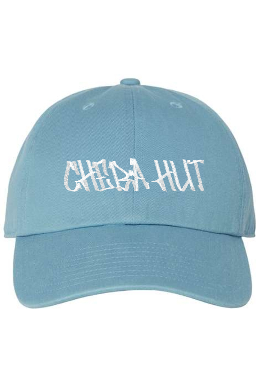 A blue baseball cap with a curved brim. The front of the cap features the white stylized text 'CHEBA HUT' embroidered across the center. The cap has a visible button on the top and an adjustable strap in the back (not visible).