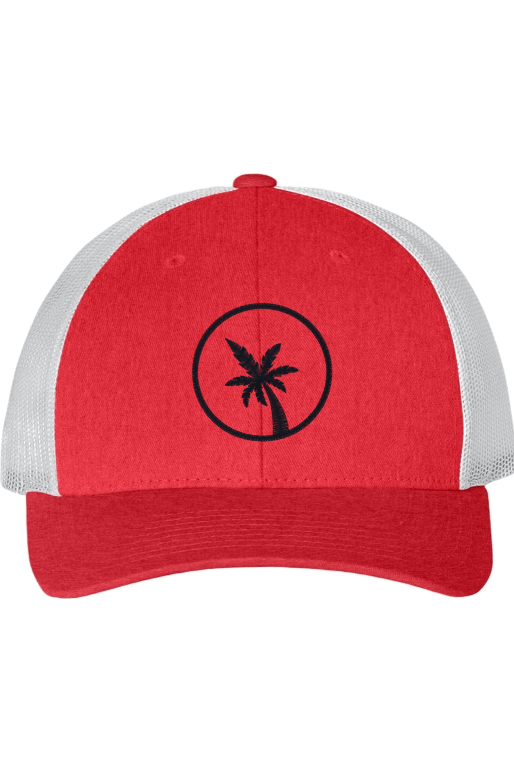 Red and white cap with a black palm tree design on a white background