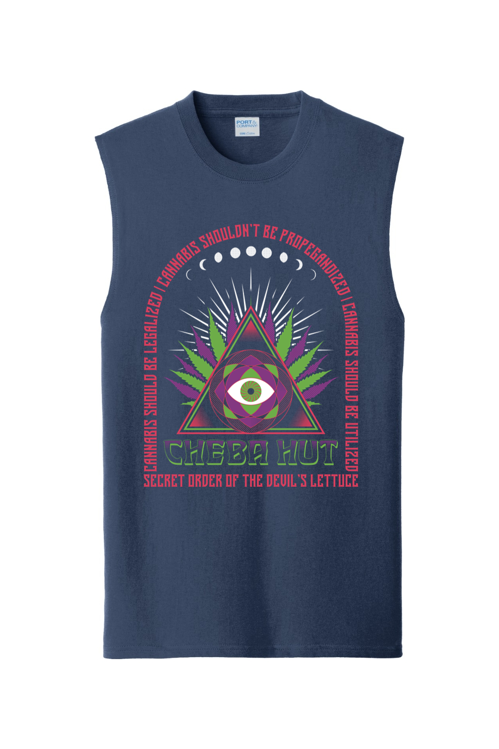 Navy sleeveless shirt with a graphic design featuring Cheba Hut and a triangle with an eye symbol on a white background.