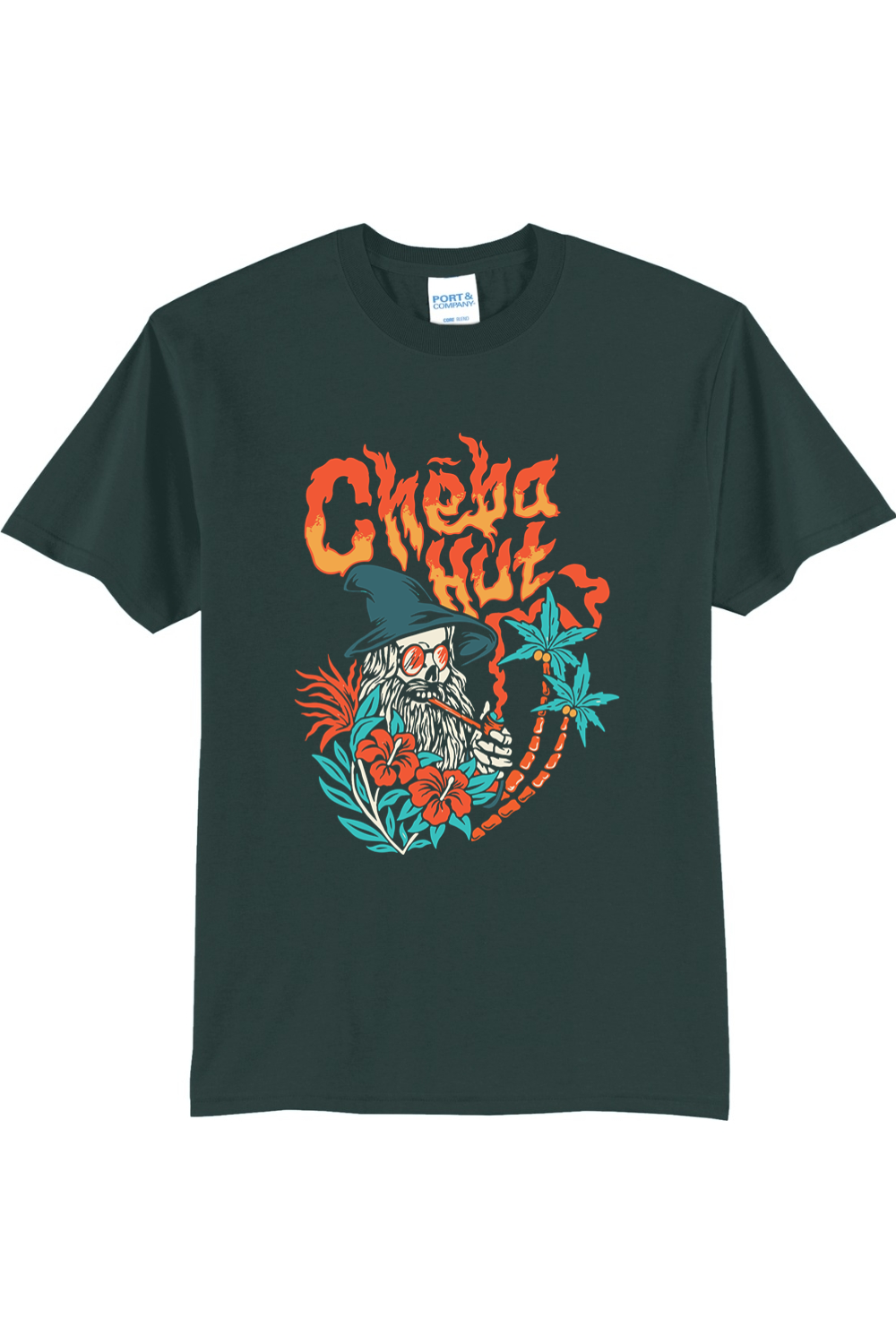 A green short-sleeved t-shirt featuring a colorful graphic on the back depicting a wizard-like figure with a long white beard, a pointed hat, sunglasses, and a pipe, surrounded by flames, hibiscus flowers, and palm trees, with the 'Cheba Hut' logo above.