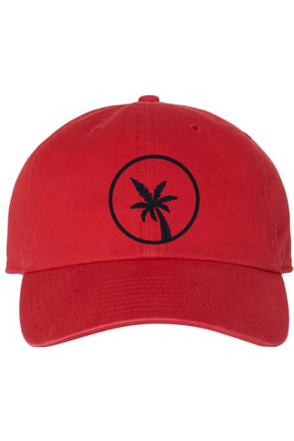 A red baseball cap with a curved brim. The front of the hat features an embroidered seven frond Palm Tree in black thread. The cap has a visible button on the top and an adjustable strap in the back (not visible).