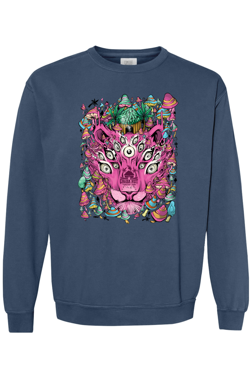 A navy sweatshirt with a psychedelic graphic of a multi-eyed pink panther head surrounded by colorful mushrooms.