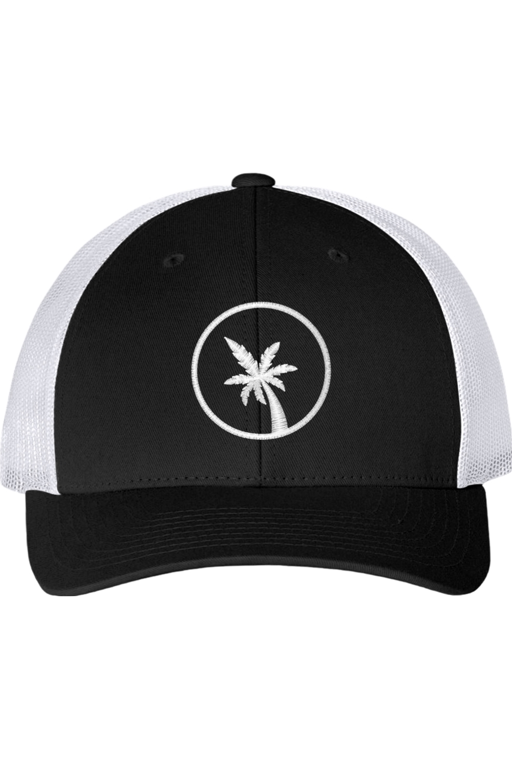 Black and white cap with a palm tree design on a white background