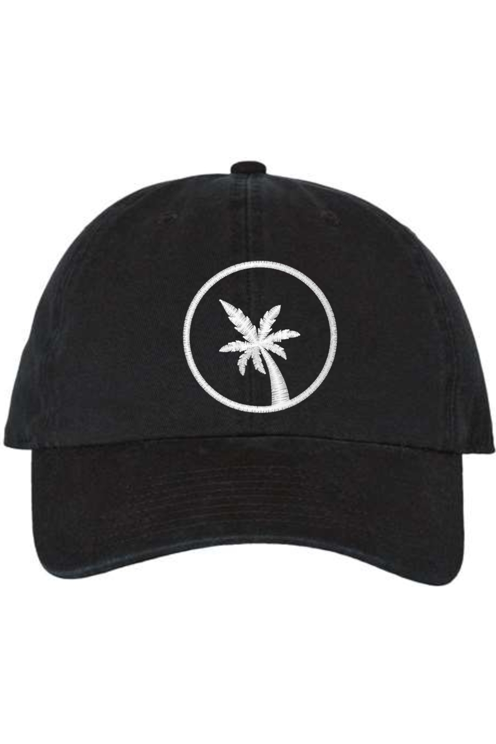 A black baseball cap with a curved brim. The front of the hat features an embroidered seven frond Palm Tree in white thread. The cap has a visible button on the top and an adjustable strap in the back (not visible).