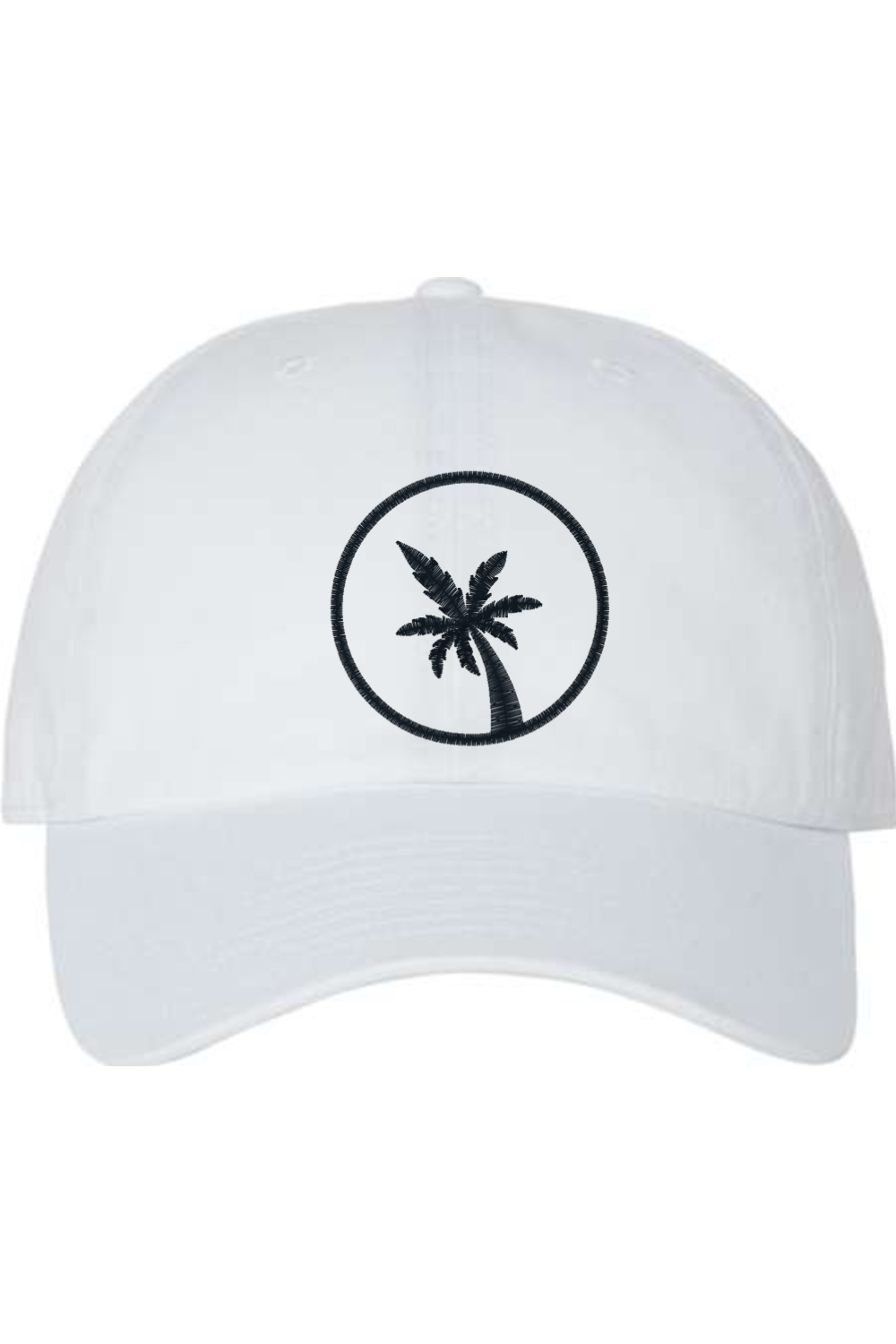 A white baseball cap with a curved brim. The front of the hat features an embroidered seven frond Palm Tree in black thread. The cap has a visible button on the top and an adjustable strap in the back (not visible).