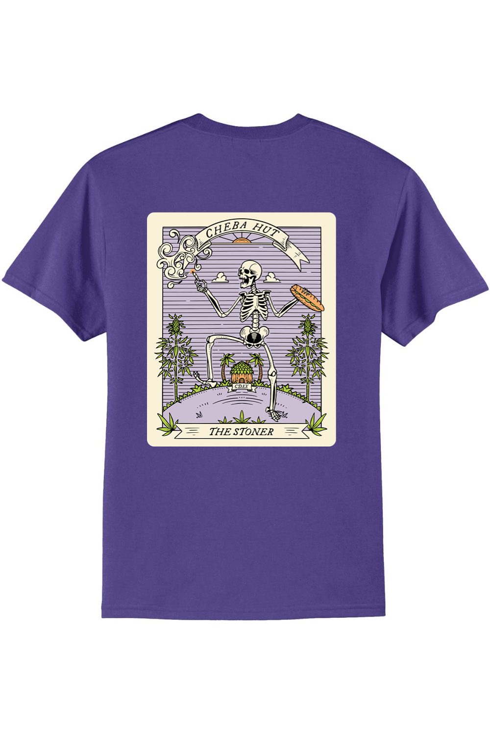 A purple short-sleeved t-shirt featuring a rectangular graphic on the back depicting a skeleton holding a smoking item and a sandwich, with 'CHEBA HUT' and 'THE STONER' text.