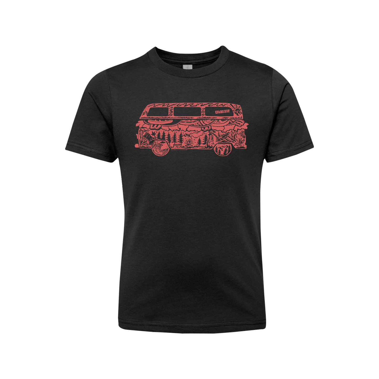 A black crew-neck t-shirt is displayed on a white background. The shirt has a red line-art graphic on the chest depicting the side profile of a vintage van. Within the outline of the van, various scenes and objects are illustrated, including trees, mountains, a sandwich, a slice of pizza, and other food and outdoor-related imagery. The word 'GRUBBERY' is visible along the top of the van.
