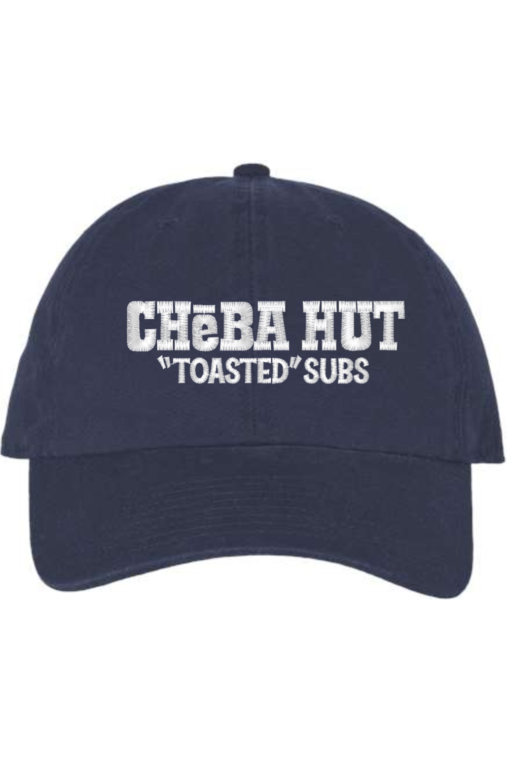 A vintage navy baseball cap with a curved brim. The front of the cap features the white stylized text 'CHEBA HUT "TOASTED" SUBS' embroidered across the center. The cap has a visible button on the top and an adjustable strap in the back (not visible).