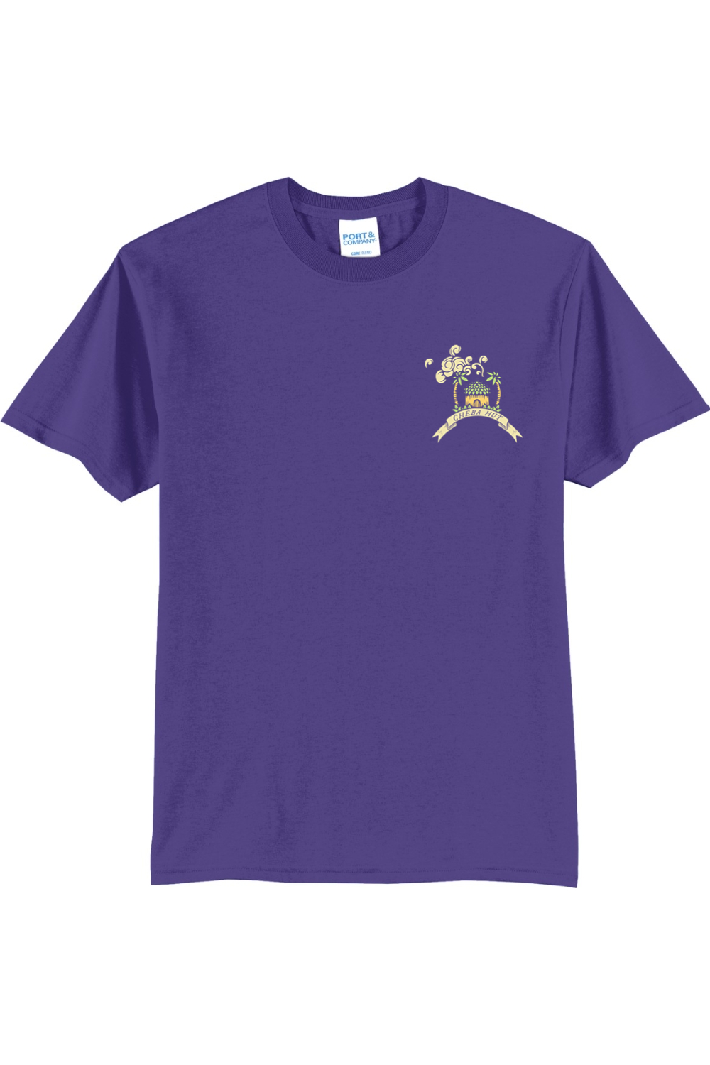 Purple t-shirt with a hut logo on the chest against a white background