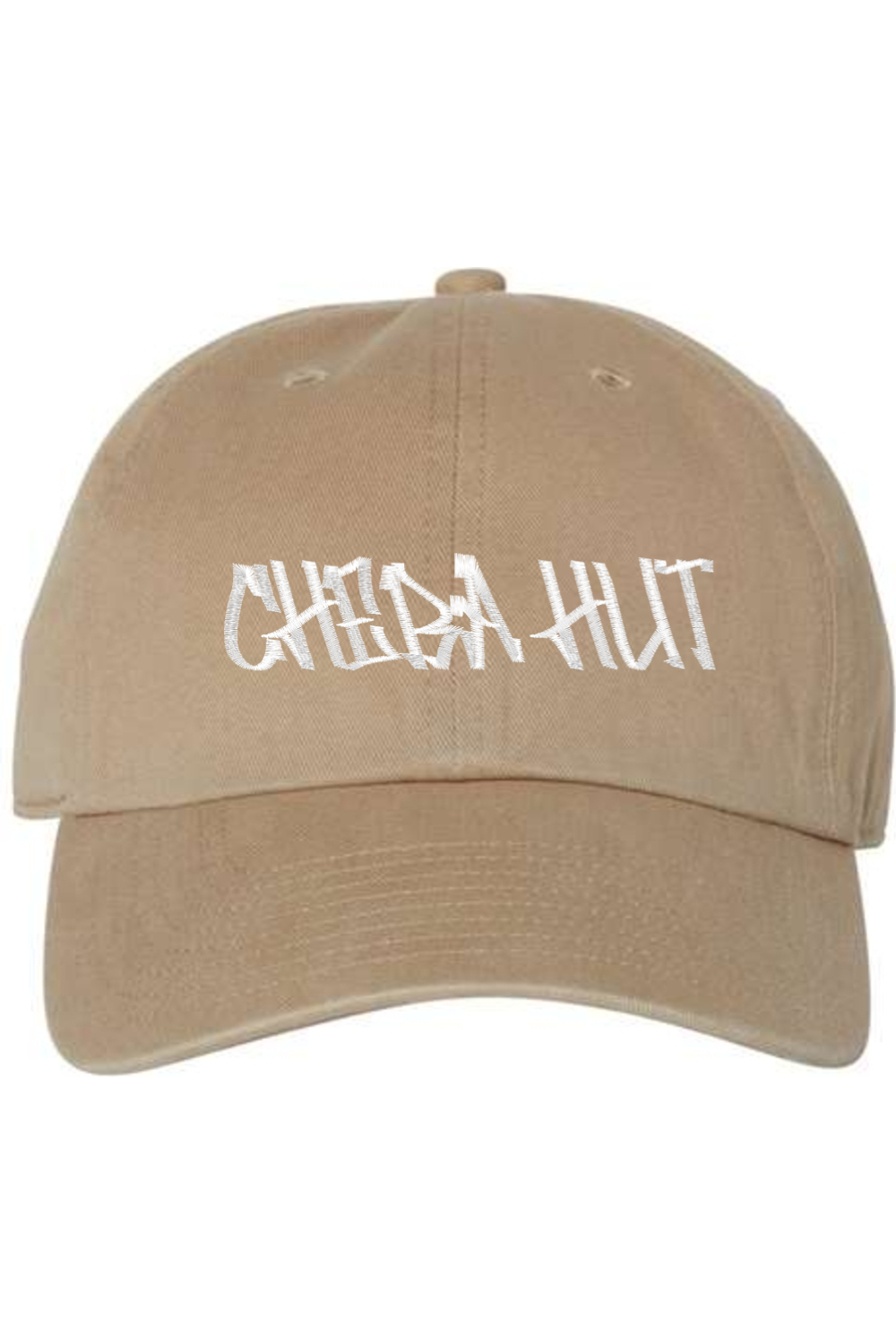 A khaki baseball cap with a curved brim. The front of the cap features the white stylized text 'CHEBA HUT' embroidered across the center. The cap has a visible button on the top and an adjustable strap in the back (not visible).