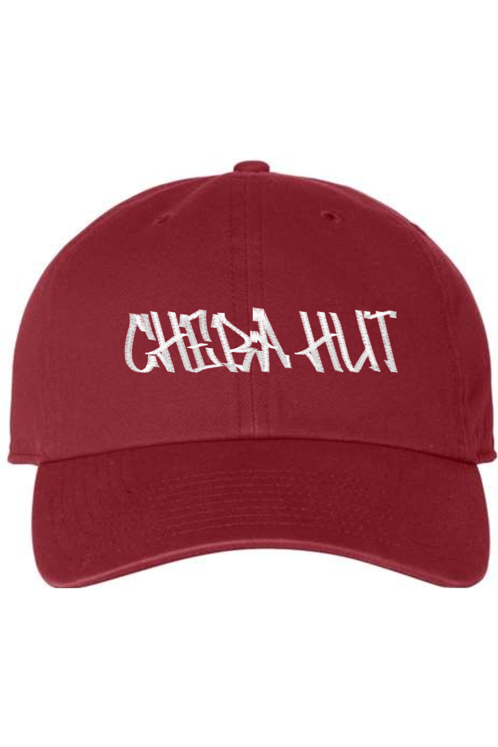 A cardinal red baseball cap with a curved brim. The front of the cap features the white stylized text 'CHEBA HUT' embroidered across the center. The cap has a visible button on the top and an adjustable strap in the back (not visible).