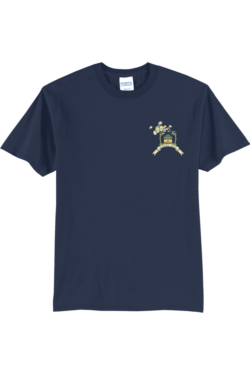 Navy blue t-shirt with a small hut logo on the chest against a white background