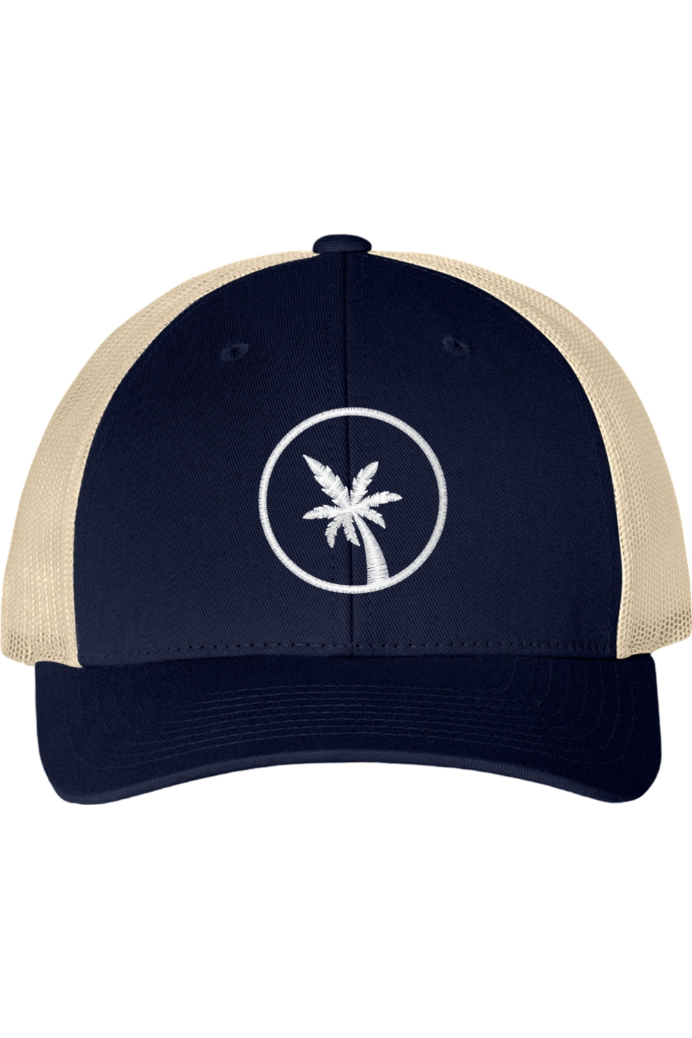 Navy and beige cap with a palm tree design on a white background