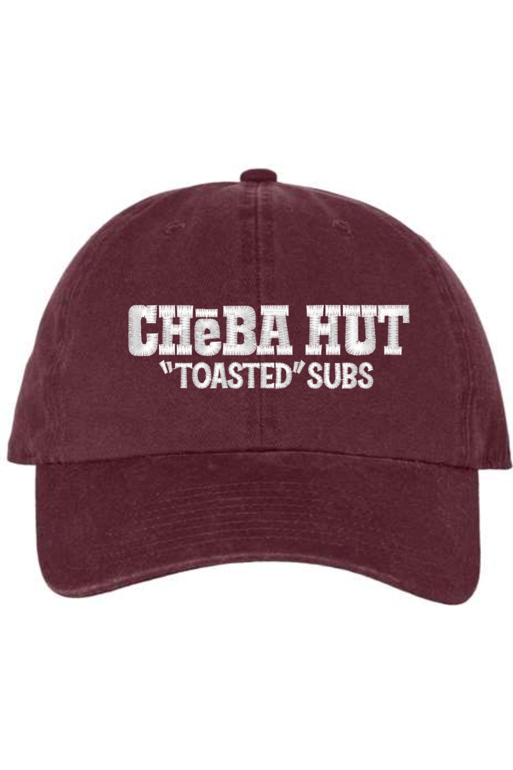 A maroon baseball cap with a curved brim. The front of the cap features the white stylized text 'CHEBA HUT "TOASTED" SUBS' embroidered across the center. The cap has a visible button on the top and an adjustable strap in the back (not visible).