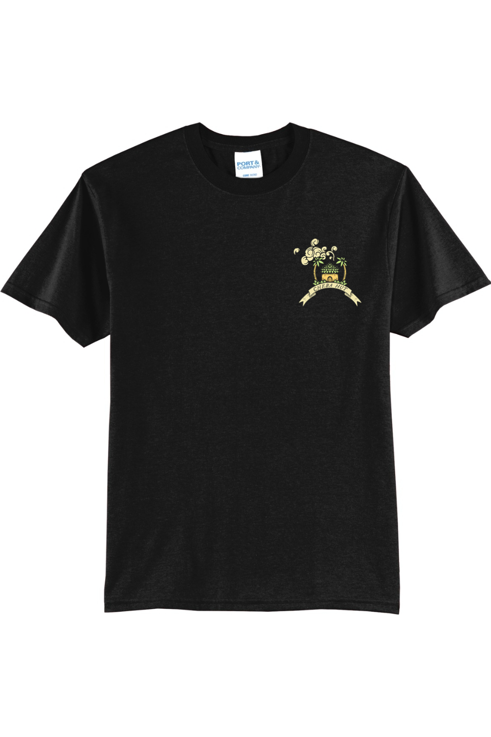 Black t-shirt with a small hut on a white background