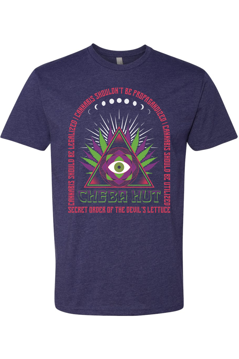 Navy blue t-shirt with a graphic design featuring a triangle and eye symbol on a white background