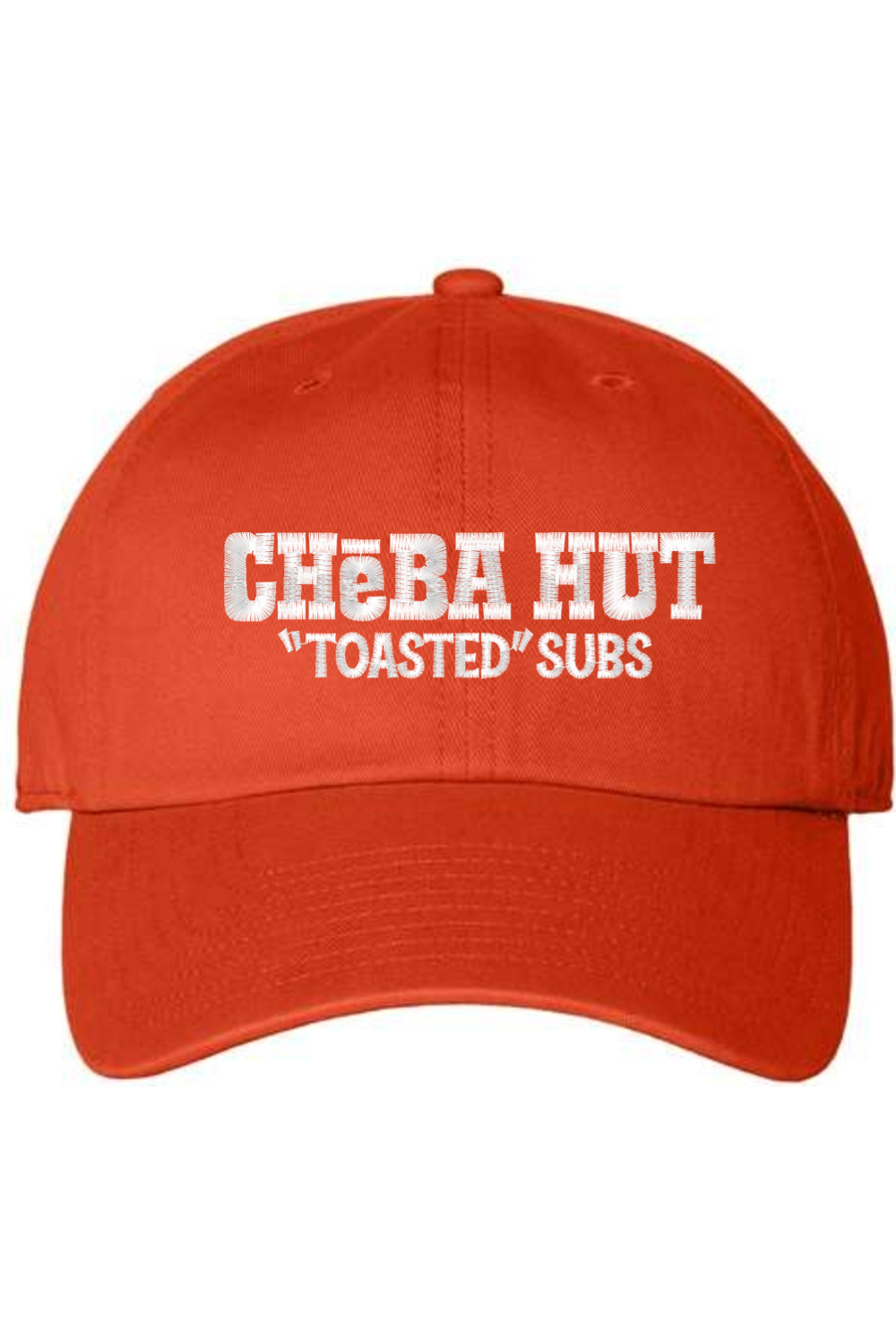 An orange baseball cap with a curved brim. The front of the cap features the white stylized text 'CHEBA HUT "TOASTED" SUBS' embroidered across the center. The cap has a visible button on the top and an adjustable strap in the back (not visible).