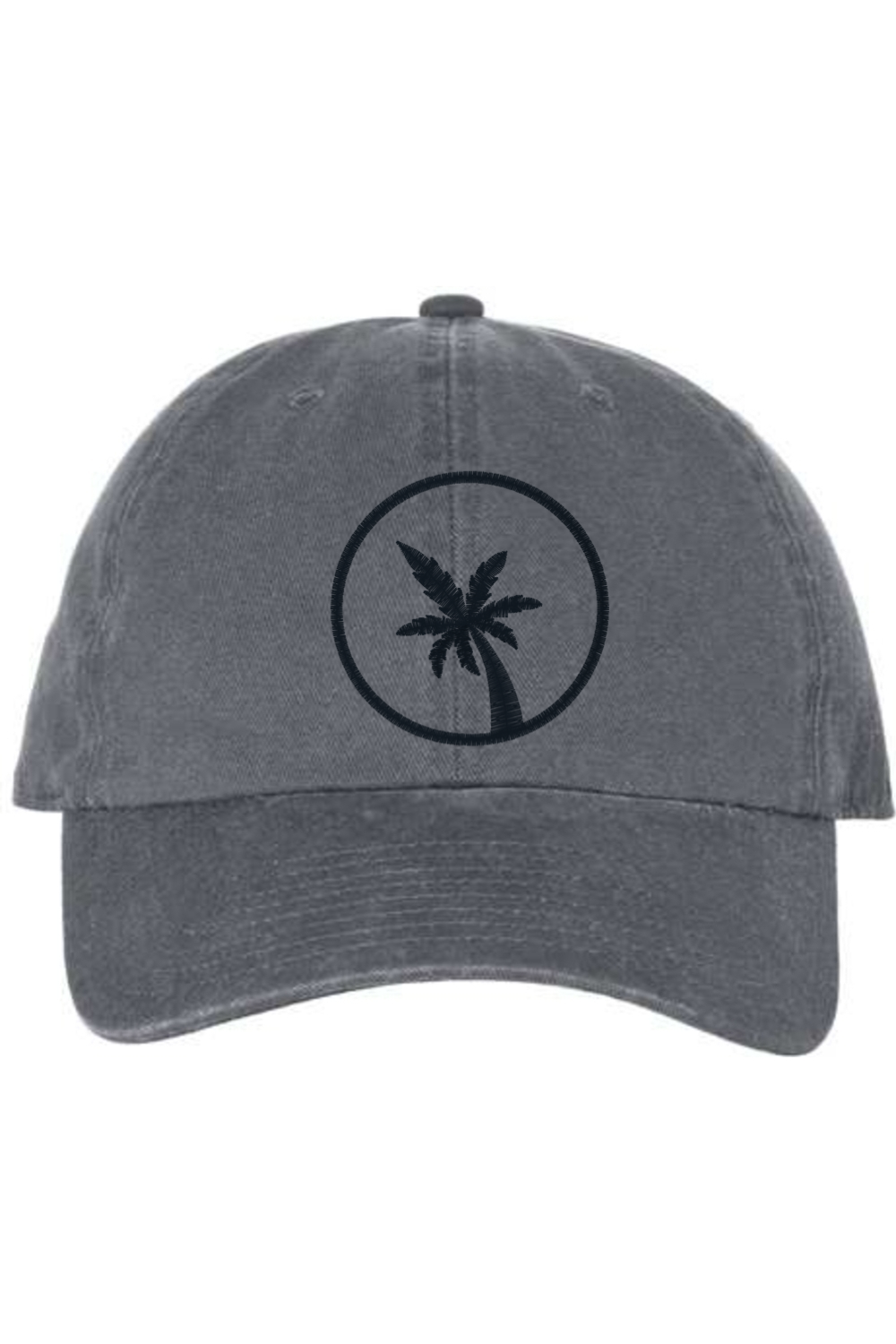 A charcoal baseball cap with a curved brim. The front of the hat features an embroidered seven frond Palm Tree in black thread. The cap has a visible button on the top and an adjustable strap in the back (not visible).