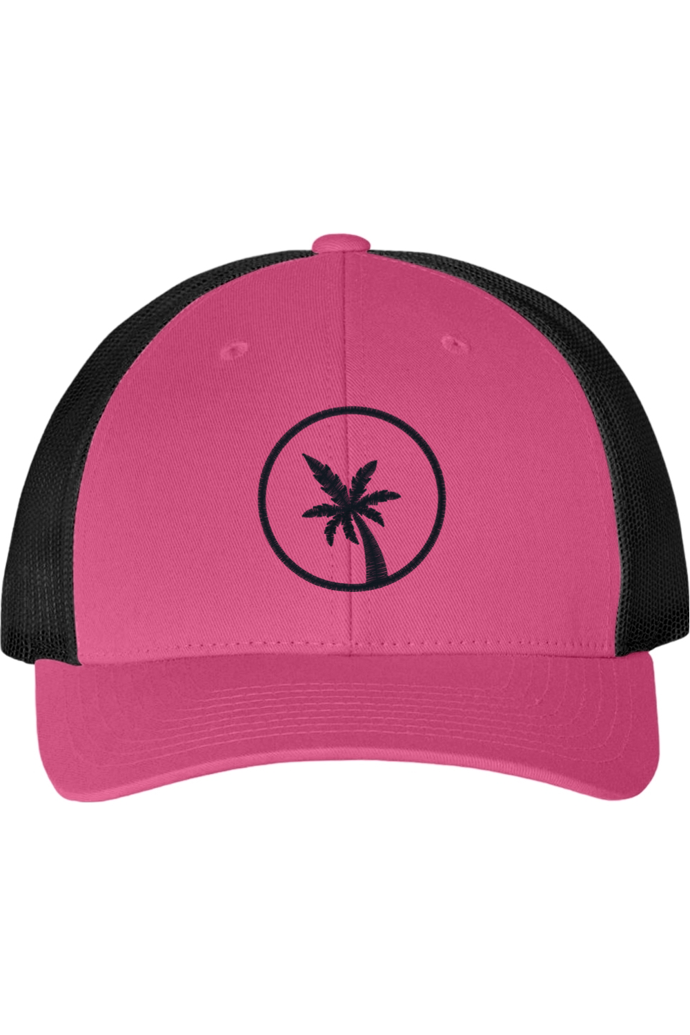 Pink and black cap with a palm tree design on a white background