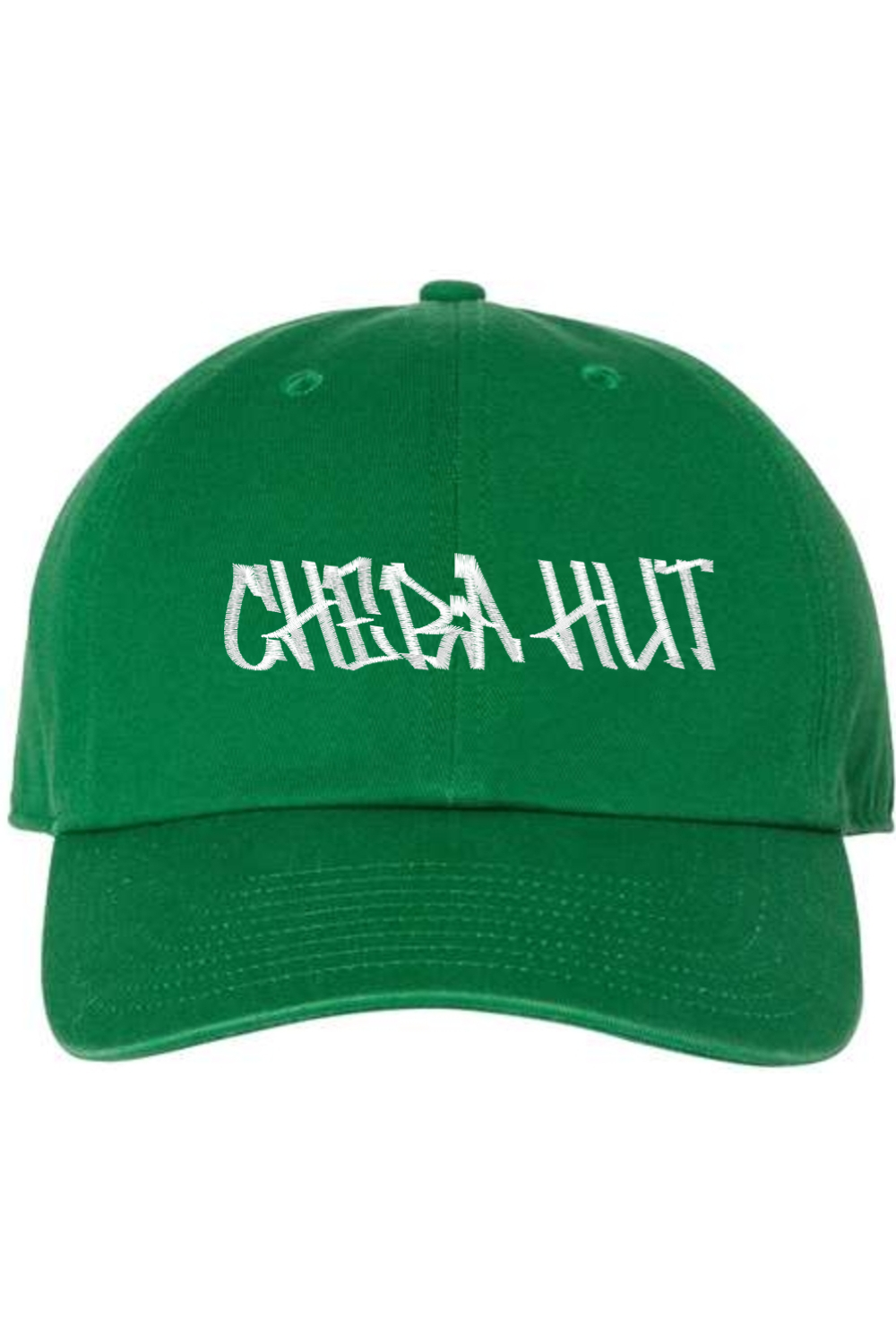A kelly green baseball cap with a curved brim. The front of the cap features the white stylized text 'CHEBA HUT' embroidered across the center. The cap has a visible button on the top and an adjustable strap in the back (not visible).
